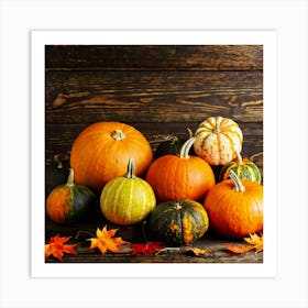 Assortment Of Vibrant Autumn Gourds And Pumpkins Thanksgiving Themed Scattered Artistically Across (1) Art Print