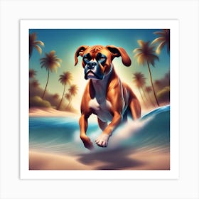 A dog boxer swimming in beach and palm trees 11 Art Print