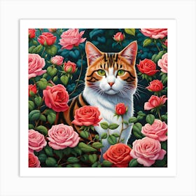 Feline Elegance in the Rose Garden Art Print