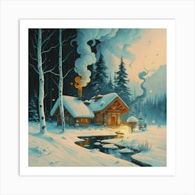 Wooden hut and falling snow Art Print