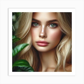 Blond Beauty With Green Leaves Art Print