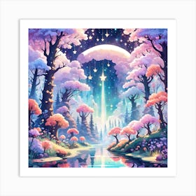 A Fantasy Forest With Twinkling Stars In Pastel Tone Square Composition 183 Art Print