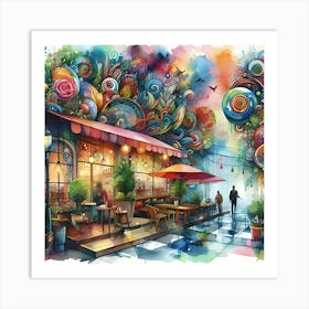 Watercolor Painting Features Vibrant Colors And Surreal Elements Of A Cafe Art Print