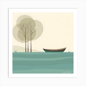 Minimalist Boat Lake Trees Nature Relaxing Art Print