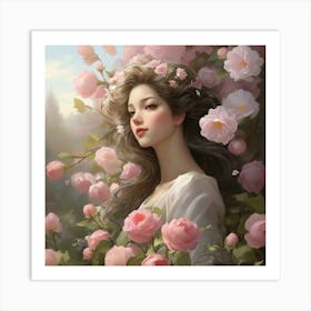 Beautiful Girl With Roses art print Art Print