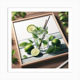 Delicious and Inviting - Realistic Painting of a Mojito Cocktail on a Wooden Table Art Print