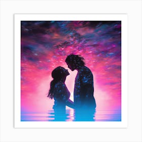 Love in the Vapor: Heart Cloud Portraits Amid Psychedelia...Couple In The Water, Valentine'S Day or Love concept Art Print