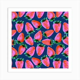 Red Lavender On Navy Strawberries Fruit Art Print