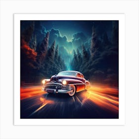 Vintage Car Driving Through The Forest Art Print