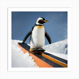 Realistic Penguin Ride On Snowboard Slide On Rail Art Print