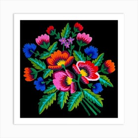 Grandmommy Flowering Bouquet - Poppy Cornflower Violet - Green Leaves - Blossom - Satin Stitch Obereg Embroidery from my Grandma - on Black Art Print