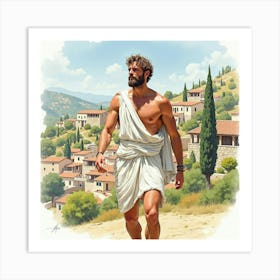 A Graceful Greek Man In Watercolor, With A Vibrant Village Scene In The Background 1 Art Print