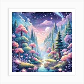 A Fantasy Forest With Twinkling Stars In Pastel Tone Square Composition 81 Art Print