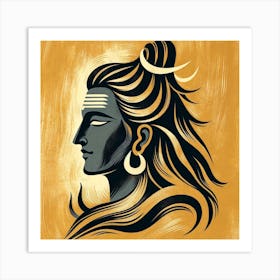 "Eternal Ascetic" - Behold the majestic depiction of Shiva, the great yogi, and destroyer of ignorance. Radiating wisdom and serenity, this portrait is set against a luminous gold canvas, symbolizing the pure consciousness that Shiva embodies. His poised profile, adorned with a crescent moon, captures his connection to the eternal cycles of time and his transcendent nature. The flowing locks and the tranquil expression are a testament to the meditative focus and spiritual mastery that Shiva represents. This artwork is an invitation to bring home the profound stillness and divine energy of one of the most revered deities in Eastern philosophy. Perfect for those who seek to infuse their environment with a sense of peace and the sublime. Art Print