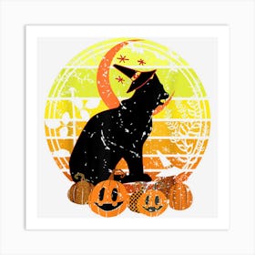 Black Cat Moon Pumpkin Witch Hat Halloween Scary Vintage Art Print