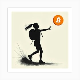 Silhouette Of A Woman Throwing A Bitcoin Art Print