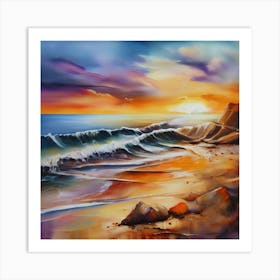 Artwork, oil colors, sea and sunset, seashore, beach rocks.San Francisco, USA.9 Art Print