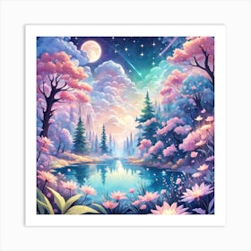 A Fantasy Forest With Twinkling Stars In Pastel Tone Square Composition 376 Art Print