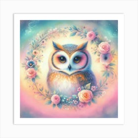 Owl with flowers around Art Print