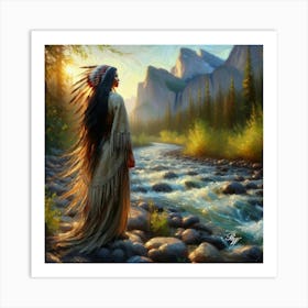 Oil Texture Native American Woman By Stream Art Print