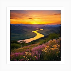 Golden Sunset Casts A Warm Glow Over A Serene Natural Landscape Undulating Hills Gently Blanketed W (1) Poster