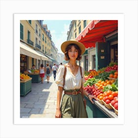 French Woman At A Charming Parisian Market, Watercolor With Lively And Rich Colors 1 Art Print