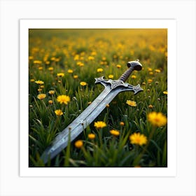 Enchanted Sword Lying In A Field Of Golden Flowers 1 Art Print