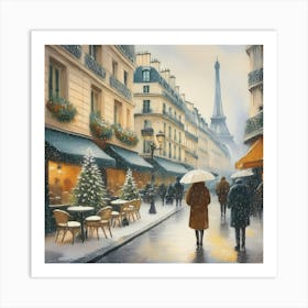 Paris cafes, winter season, Christmas, pale colors, pedestrians in the street, winter clothes, falling snow.13 Art Print