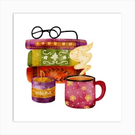 Tea cozy illustration with books and candle Art Print