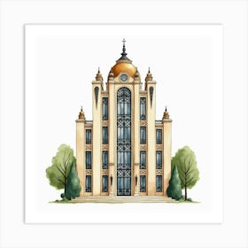 French Art Deco Building In Watercolor With Geometric Patterns And Elegance 1 Art Print