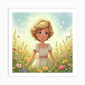 Smiling Princess Diana In A Dreamy Watercolor Meadow Filled With Flowers 1 Art Print