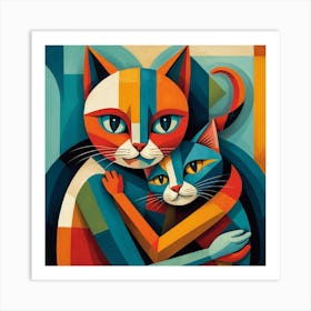 mum cat geometric features hugging a stylized kitten cat, depicted in bold shapes and fragmented colors, cubist art style Art Print