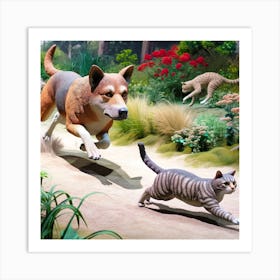 Cat And Dog Running Art Print