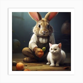 Rabbit And Cat Art Print