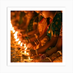 Women Lighting Diyas Art Print