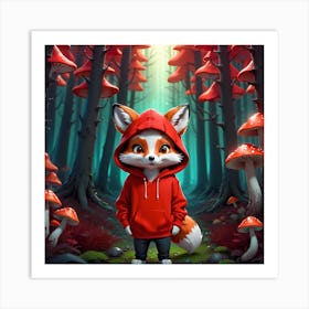 Cartoon Fox in a Mushroom Forest Art Print