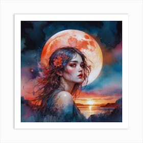 Moon And The Girl 1 Art Print