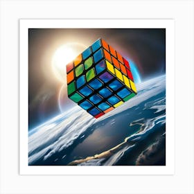 A Majestic Rubik S Cube, With Vibrant Stickers Reflecting A Kaleidoscope Of Colors, Hovers Over Planet Earth 1 Art Print