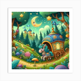 Playful Cartoon Style Illustration Of A Whimsical Caravan Journey Through A Magical Forest, Style Cartoon Illustration 3 Art Print