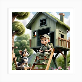 Boy And Dog In A Tree House Art Print