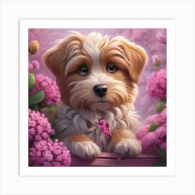 Puppy In Pink Flowers Art Print