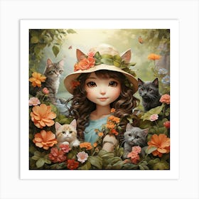 Little Girl With Cats Art Print