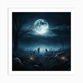 Gothic Style Illustration Skeletal Hands Breaking Through The Soil Full Moon Casting An Eerie Glow Art Print