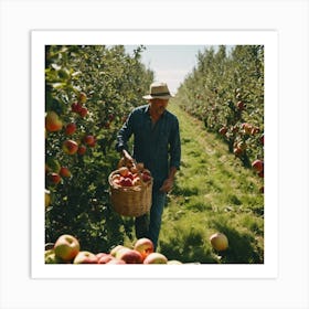 Farmer Picking Apples In An Orchard Art Print