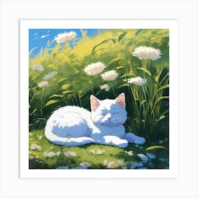 White Cat In The Grass Art Print