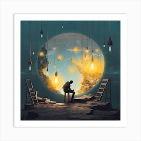 Man Sitting On A Ladder Art Print