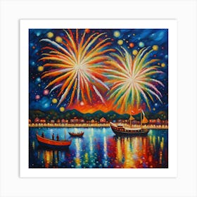 Summer Fireworks Over The Water.Fireworks Spectacle: Vibrant Seascape Oil Painting wall art Art Print