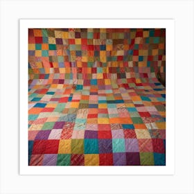 A Brightly Colored Patchwork Quilt Spread Out On A Bed, Showcasing A Variety Of Fabric Squares Stitched Together Art Print