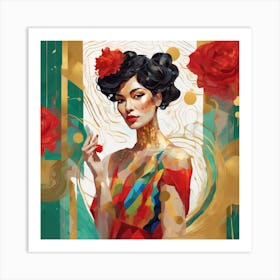 Asian Woman With Red Roses Art Print