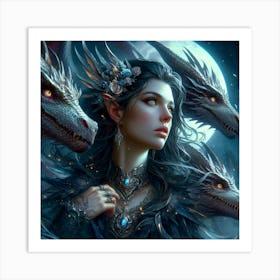 Elven Girl With Dragons Art Print